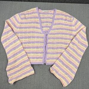 Time After Time Pastel Crochet Button 100% Cotton Cardigan S Bell Sleeve Striped